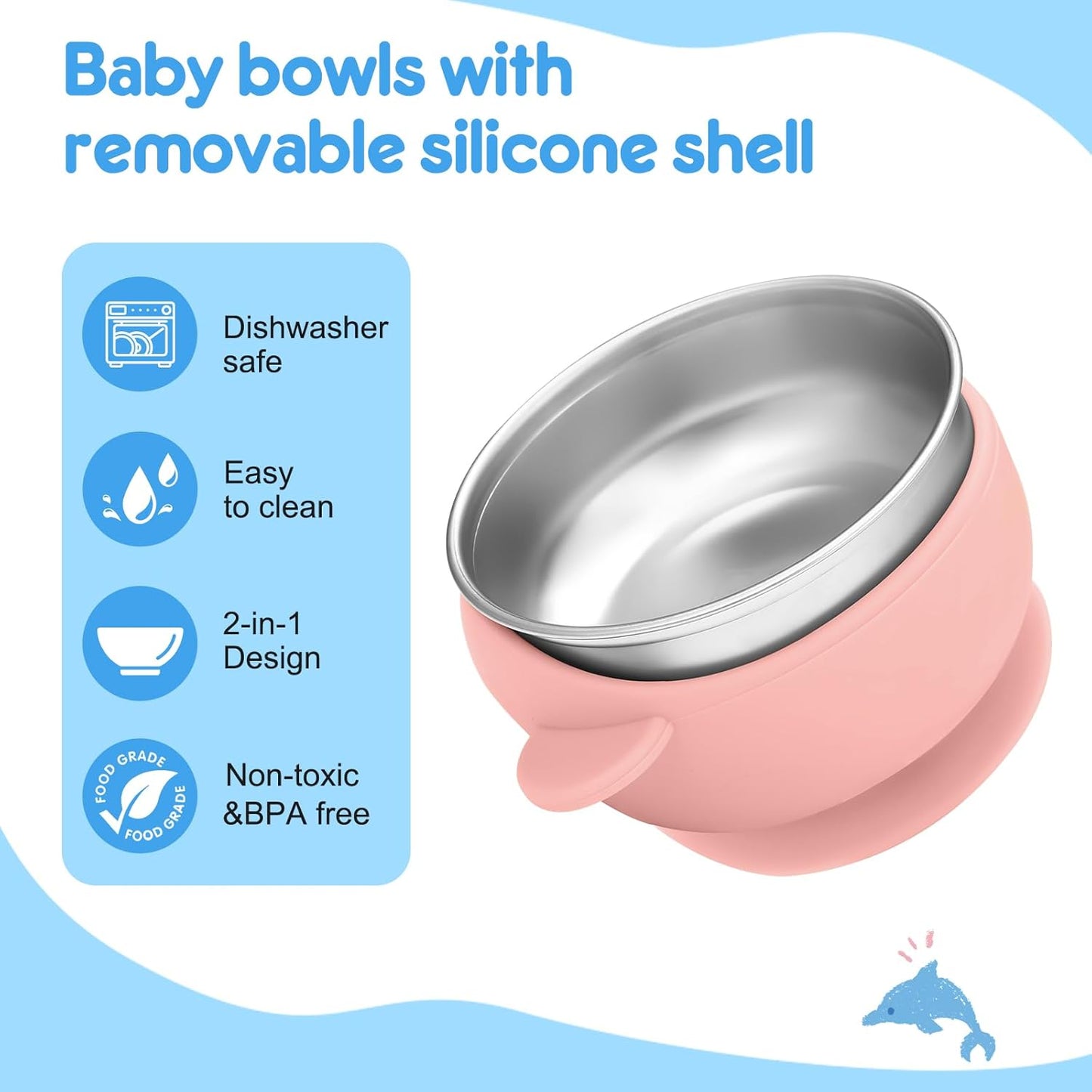 2 Pack Stainless Steel Baby Bowls with Removable Non-Slip Silicone Suction Shell, Anti Scald Food Container for Baby Food Feeding, Forks + Spoons Included-Blue & Pink