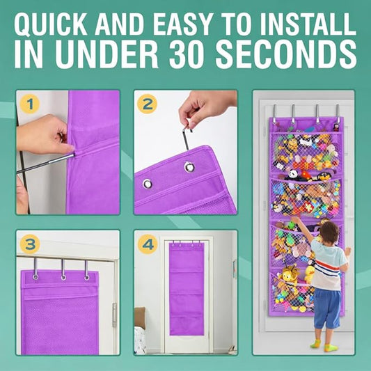 Honeyera Plush Storage (Patent Pending) - Plush Hammock Net Over Door Organizer for Stuffies, Baby Accessories, Toy/Hammock Hanging Storage Big Girls Toddler Large Bag Animals (Purple)