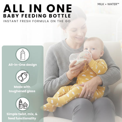 MILK & WATER Glass All in One Baby Bottle & Baby Formula Dispenser On The Go (Olive Green, 9oz Medium Flow 3m+)