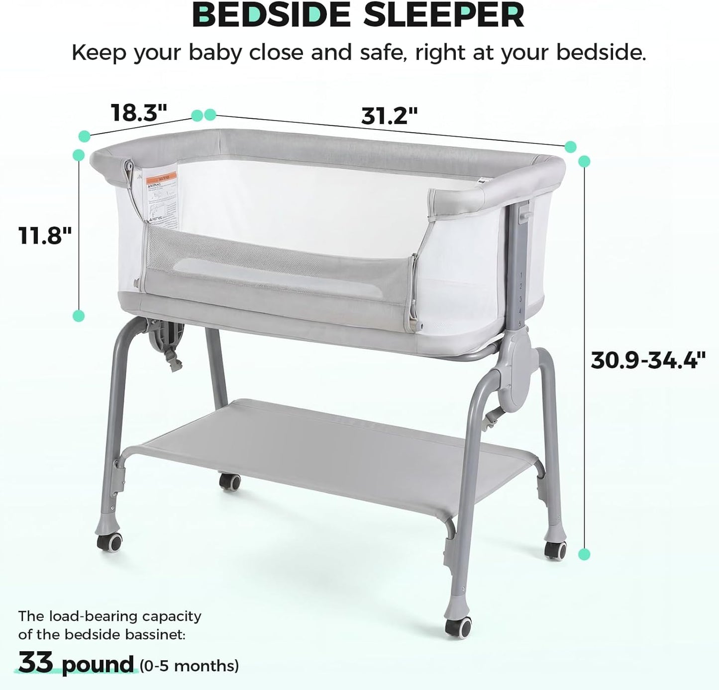 Cowiewie Bassinet Bedside Sleeper, Breathable Baby Bedside Bassinet and Mattress, Lightweight and Portable for Bedside Sleeping, Light Grey