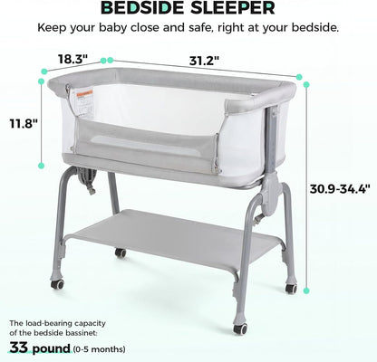 Cowiewie Bassinet Bedside Sleeper, Breathable Baby Bedside Bassinet and Mattress, Lightweight and Portable for Bedside Sleeping, Light Grey