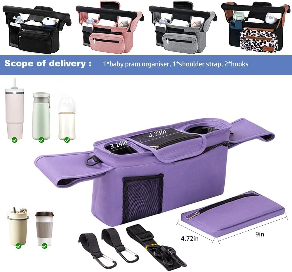Baby Stroller Organizer, Universal Stroller Organizer with Detachable Phone Bag, Stroller Caddy with 2 Insulated Cup Holders, Buggy Organizer Bag with 2 Hooks Fits Most Strollers (Balck)