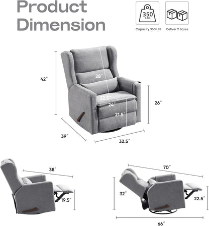 Power Recliner Chair Swivel Glider with Adjustable Headrest，Oversized Swivel Rocker Recliner with Lumbar Support, Upholstered Nursery Glider Recliner for Living Room,White