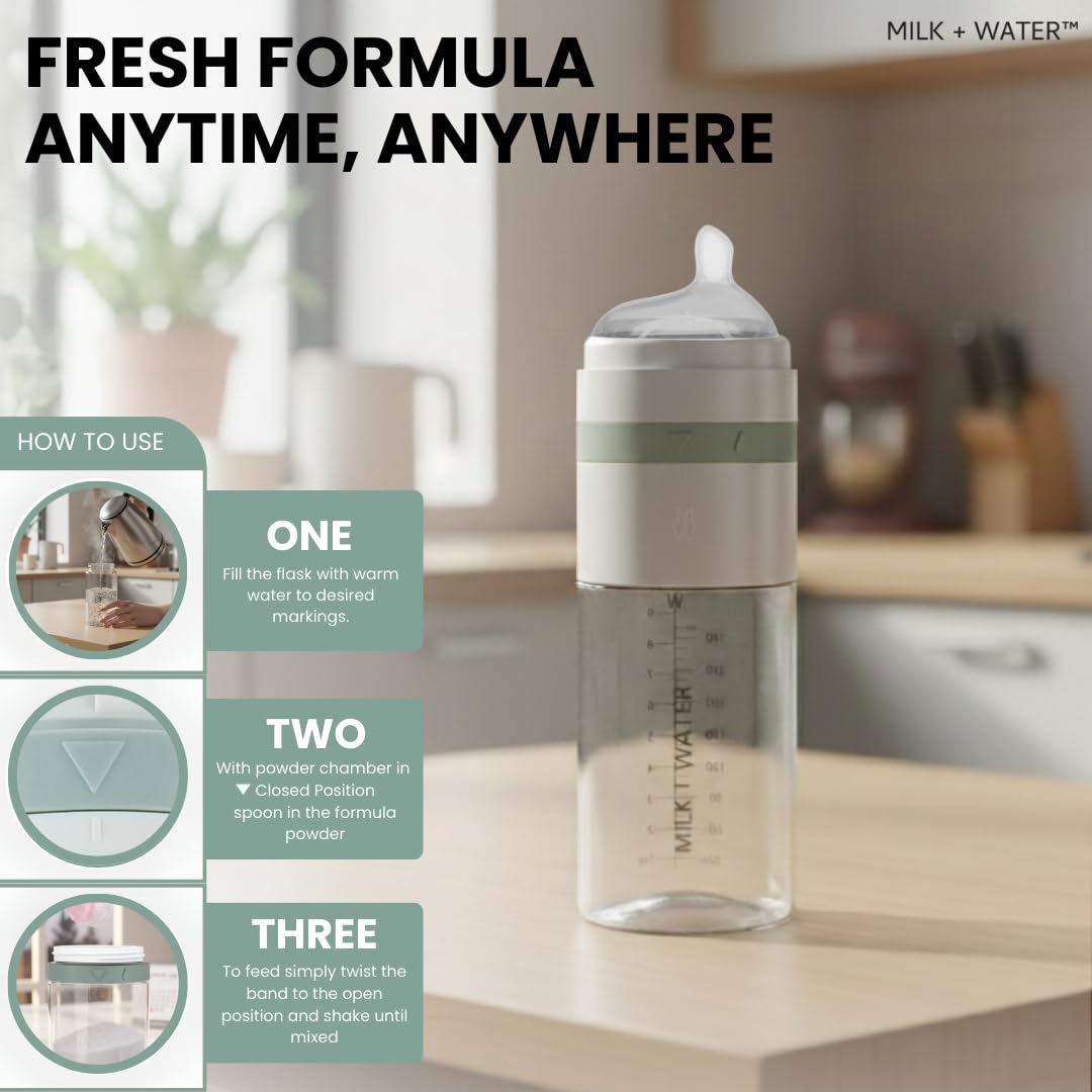 MILK & WATER Glass All in One Baby Bottle & Baby Formula Dispenser On The Go (Olive Green, 9oz Medium Flow 3m+)
