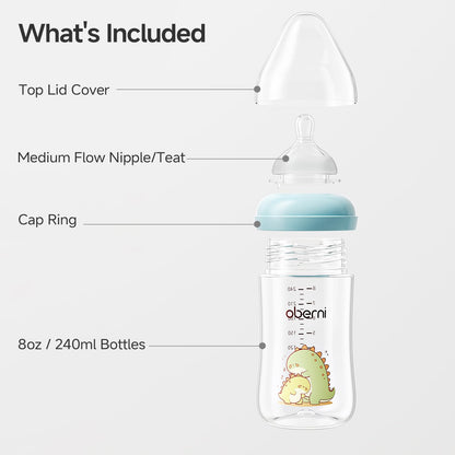 Oberni 240ml Baby Bottles, 8 Oz Wide-Neck Milk Feeding Bottle with Size M Teat for 3-6 Months Newborn Babies Blue/2 Pack