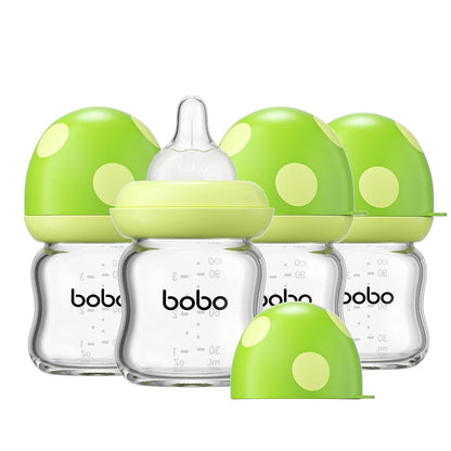 YOHKOH Natural Glass Baby Bottle with Level 1 Slow Flow Nipple, Newborn Anti-Colic Baby Bottles, Wide Neck Mushroom Baby Glass Bottle (Multicolour-A, 3.4oz (Pack of 4))