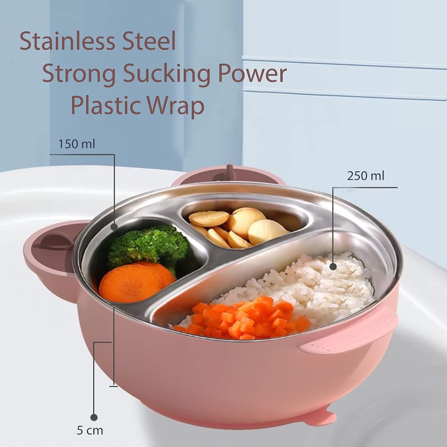 I love D&M Baby Toddler Food-Grade 316 Stainless Steel Bowl with Insulated Lid Strong Suction Leak-Resistant BPA Free Easy to clean (no utensil, Placid Blue)