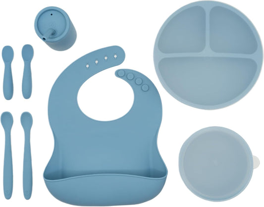 WeeSprout Baby Led Weaning Bundle, Silicone Suction Bowl, Spoons, Bib & Cup, Develops Self Feeding Skills, Dishwasher Safe (Green)