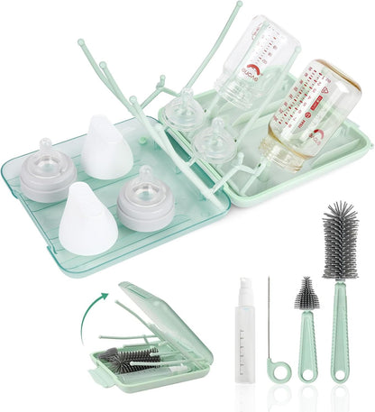 Baby Bottle Brush Set, 6-in-1 Travel Bottle Cleaner Kit with Silicone Bottle Brush, Nipple & Straw Brush, Soap Dispenser, Drying Rack, Storage Box – Compact Baby Travel Essential for Home & On-The-Go