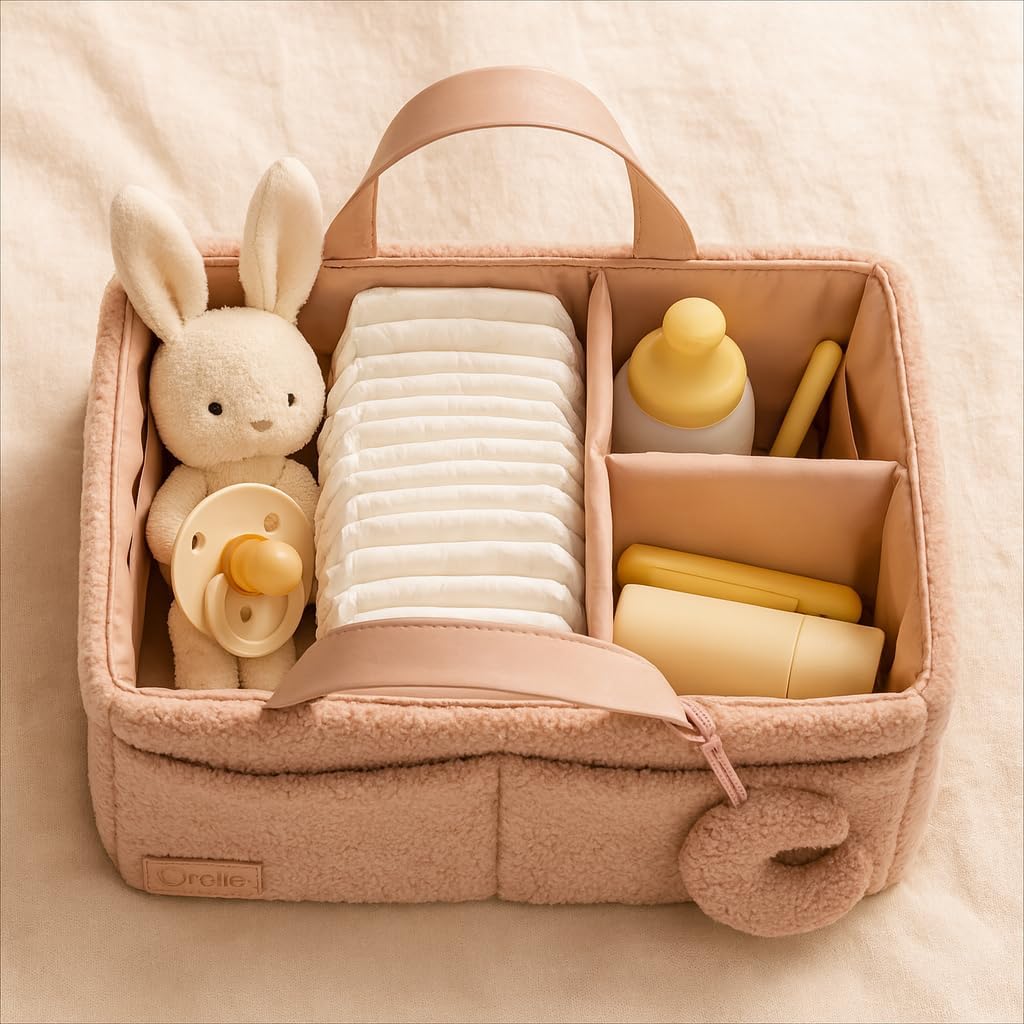 Orelle Bouclé Diaper Caddy Organizer with Matching Pouch & Moon Pendant | Teddy Portable Changing Table Organizer | Must-Have Baby Shower Gifts | Cream