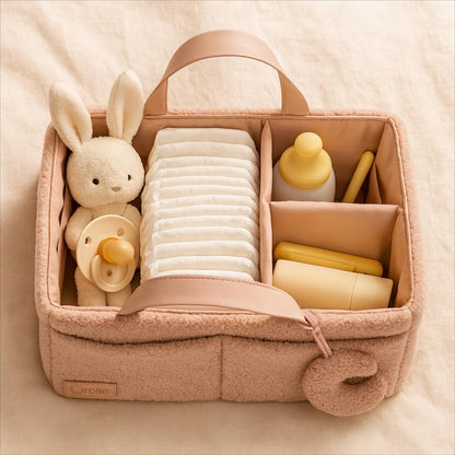 Orelle Bouclé Diaper Caddy Organizer with Matching Pouch & Moon Pendant | Teddy Portable Changing Table Organizer | Must-Have Baby Shower Gifts | Cream