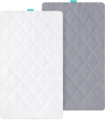 Bassinet Mattress Pad Cover Waterproof, Quilted Mattress Protector Sheets Fits All Mainstream Bassinet - Rectangle, Oval, Hourglass, 2 Pack, 17'' x 33'', Ultra Soft Breathable, White and Grey