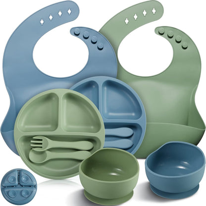 10 Pack Silicone Baby Feeding Set, Toddlers Led Weaning Feeding Supplies with Suction Baby Bowl Divided Plate Adjustable Bib Soft Silicone Spoon Fork, Infant Self Eating Utensil Set (Gray, Khaki)