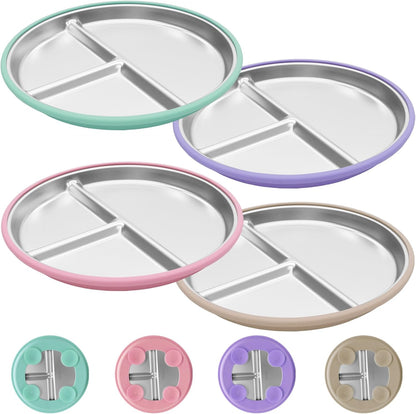 Stainless Steel Toddler Plates with Suction, 4 Pack Kids Baby Plates Set with Sturdy Silicone Suction Base Easy to Clean 9 inch
