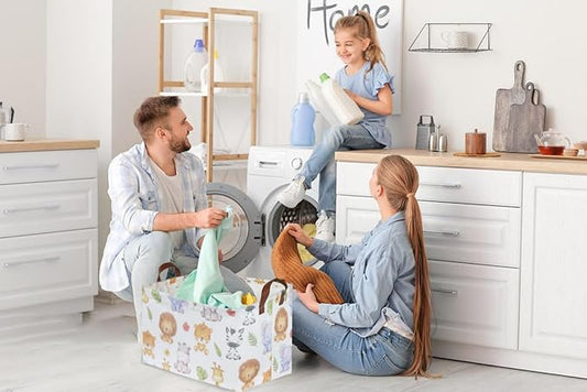 Rectangular Kids Storage Bins,Baby Baskets Organizer.Waterproof PE Coating Cute Basket with Handles.Woodland Nursery Decor,Toys Box,Books Basket, (Cute Animal)