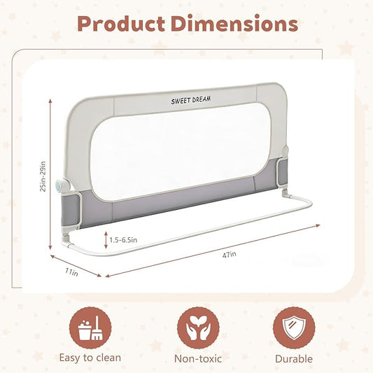 Bed Rail for Toddlers, 47in Folding Toddler Bed Rail Guard with Reinforced Anchor System & Sturdy Metal Frame, Portable Bed Railing for Baby Fits Crib,Twin, Queen & King Bed, Breathable Mesh