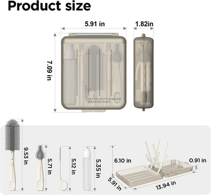 YOTIME Travel Bottle Brush, Travel Bottle Cleaner Kit with Foldable Bottle Drying Rack, for Visit Friends and Relations, Baby Travel Essentials, BPA Free, Green