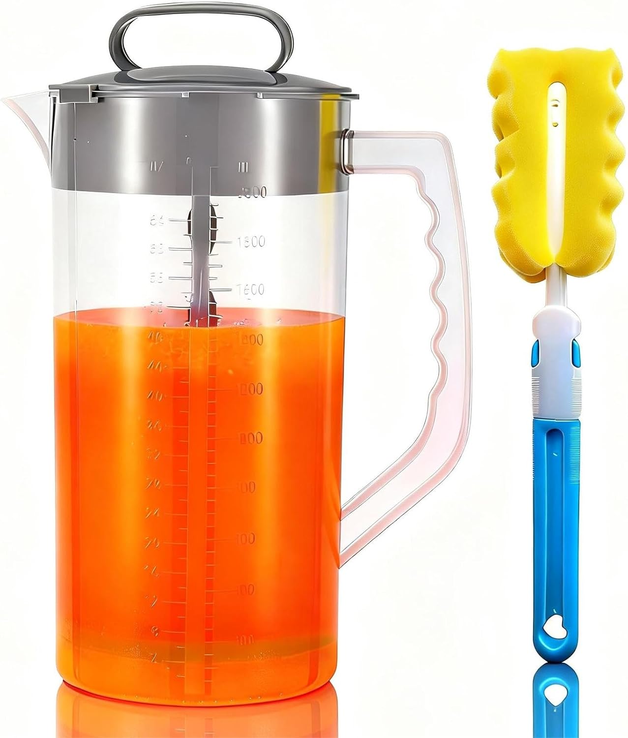 Mixing Pitcher with Plunger Mixer 2 QT/64OZ Plastic Water Pitcher with Lid & Clean Sponge, Angled Plastic Blades and Adjustable Mixer Plunger for Mix Juice, Milk,Tea, Beverage Container