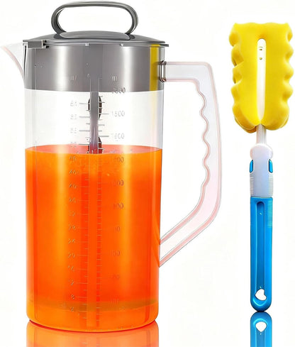Mixing Pitcher with Plunger Mixer 2 QT/64OZ Plastic Water Pitcher with Lid & Clean Sponge, Angled Plastic Blades and Adjustable Mixer Plunger for Mix Juice, Milk,Tea, Beverage Container