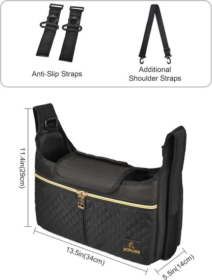 Universal Stroller Organizer Bag, Black Quilted Design with 2 Insulated Bottle Pockets, Multiple Storage Compartments, Tissue Holder, 6 x 4 x 2.5 Inches