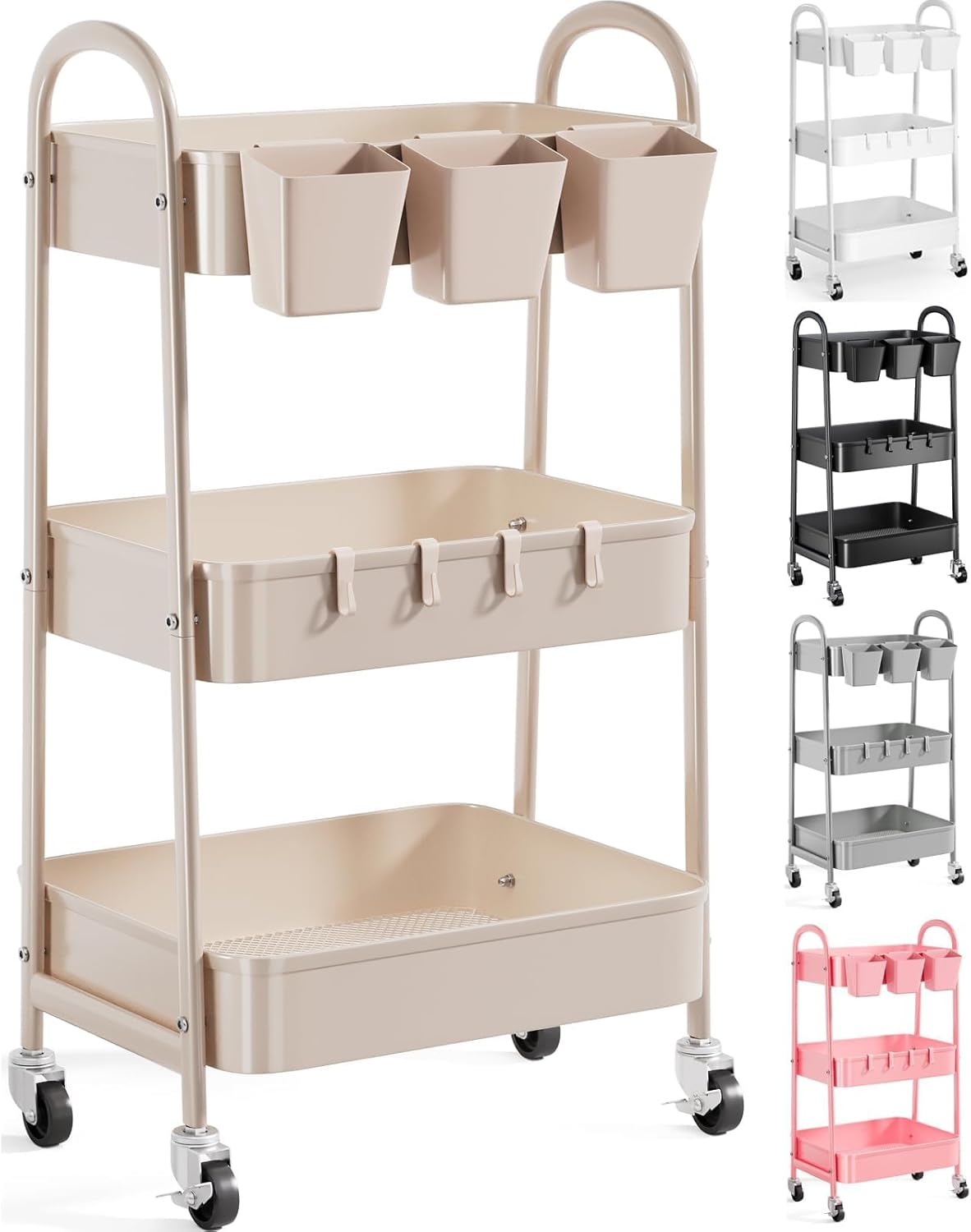 3 Tier Heavy Duty White Metal Rolling Cart with Lockable Wheels, Three Tier Roller Book Snack Cart, Utility Storage Organizer Carts for Kitchen, Bathroom, Garage, Baby Diaper, Craft, Art, Teacher