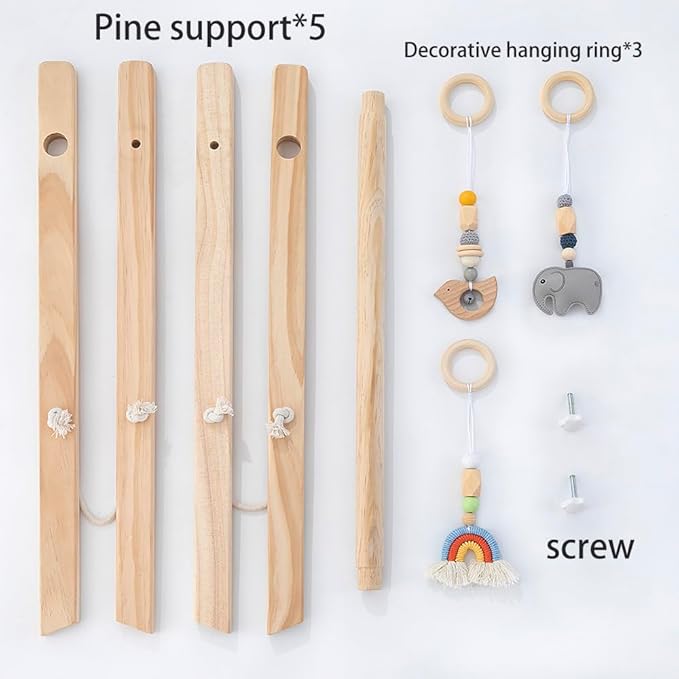 Wooden Baby Play Gym with Hanging Bar, 4 Gym Toys and Natural Pine Wood, Perfect for Infant Development