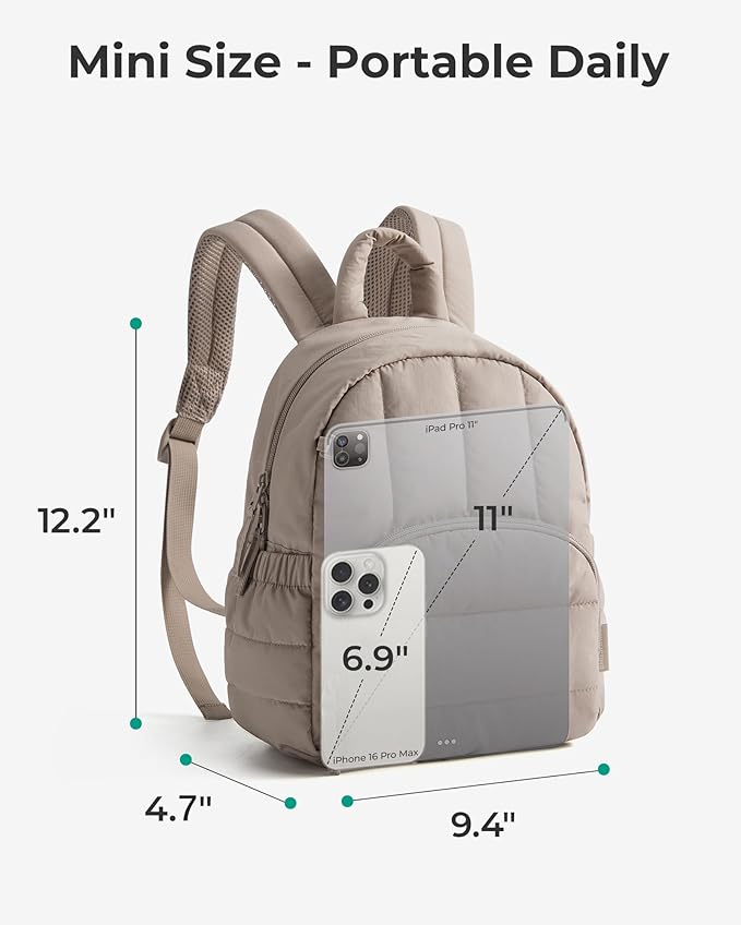 BAGSMART Mini Backpack for Women, Lightweight Puffer Small Backpack Purse, Quilted Casual Travel Daypack, Cute Water-Resistant Bookbag for Daily, Olive Green