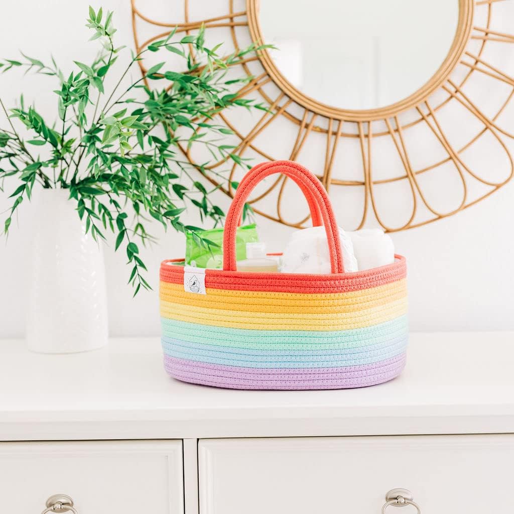 OrganiHaus Pastel Rainbow Nursery Storage Basket, Cotton Rope Toy & Diaper Caddy Organizer with Handles, Baby Diaper Organizer, Foldable Design, Machine Washable, Ideal for Baby Room & Laundry