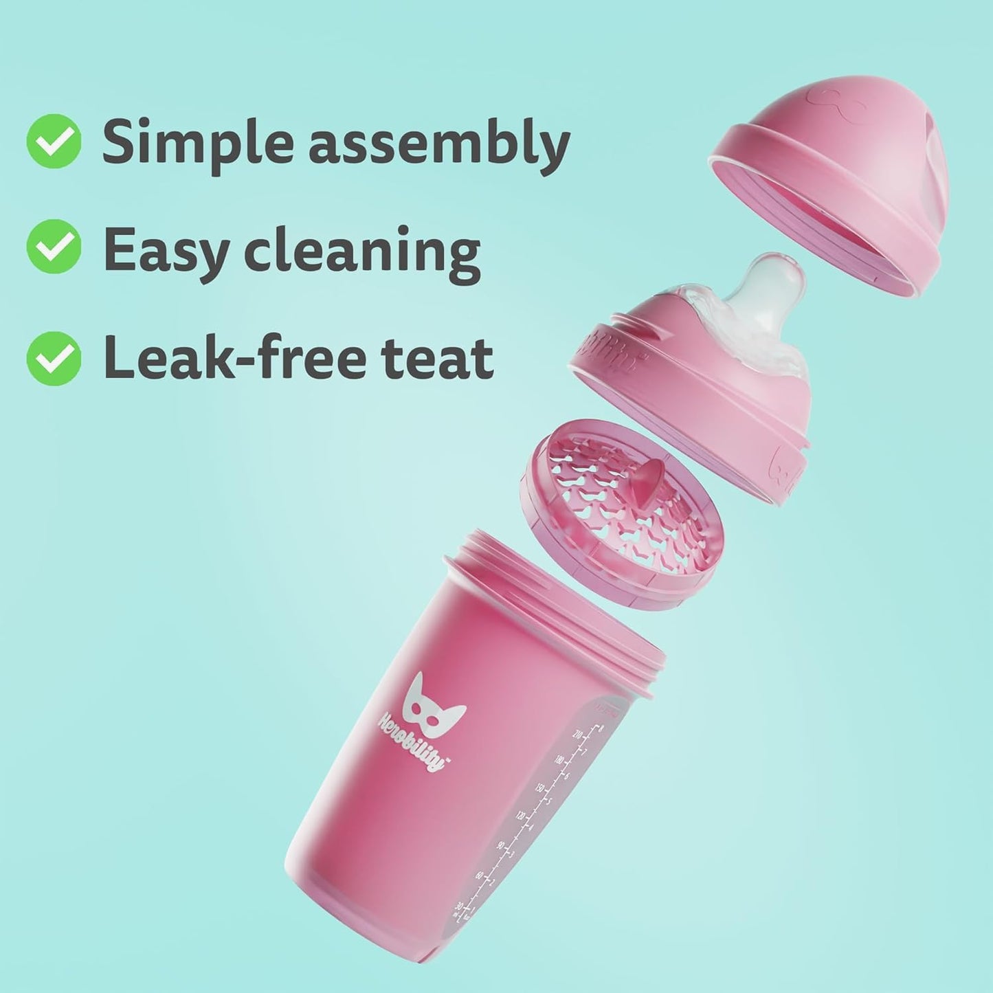Herobility Anti-Colic Baby Bottles 5 oz / 140 ml – Pack of 3 Newborn Baby Bottles, Slow Flow Plastic Bottles, Breast-Shaped Teat for Breastfed Babies, Small Baby Bottles, Swedish Design, Batman