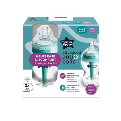 Tommee Tippee Advanced Anti-Colic 9 oz BPA Free Baby Bottles, Newborn 0+ Months, Slow Flow Breast-Like Nipple, Unique Design Keeps Air Away from Milk and Baby, Pink and Purple, Pack of 2