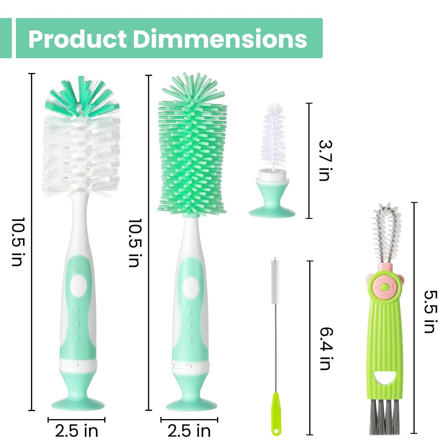 Ariseno 5-in-1 Baby Bottle Brush Set, Including Nylon and Silicone Bottle Brush, Bottle Cap, Straw and Nipple Cleaner, BPA-Free (Blue)