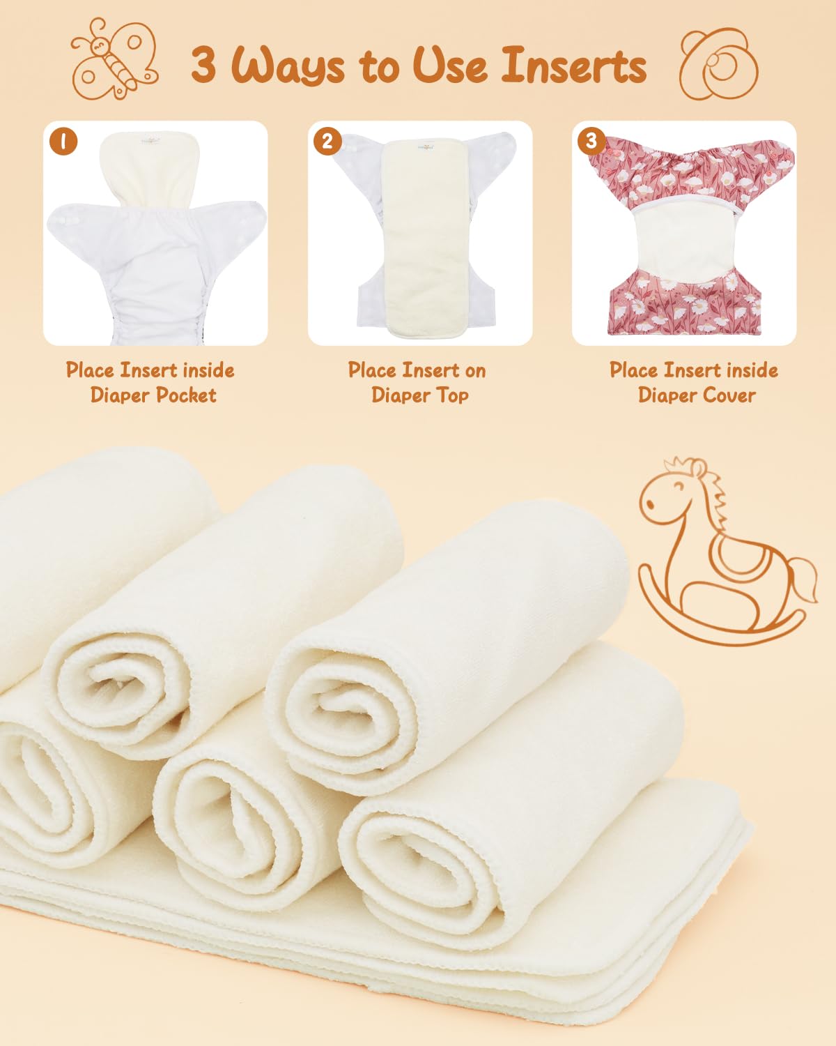 Babygoal Reusable Cloth Diaper Inserts Pack of 12, Absorbent & Breathable Liners, 3-Layer Microfiber Inserts for Cloth Diapers