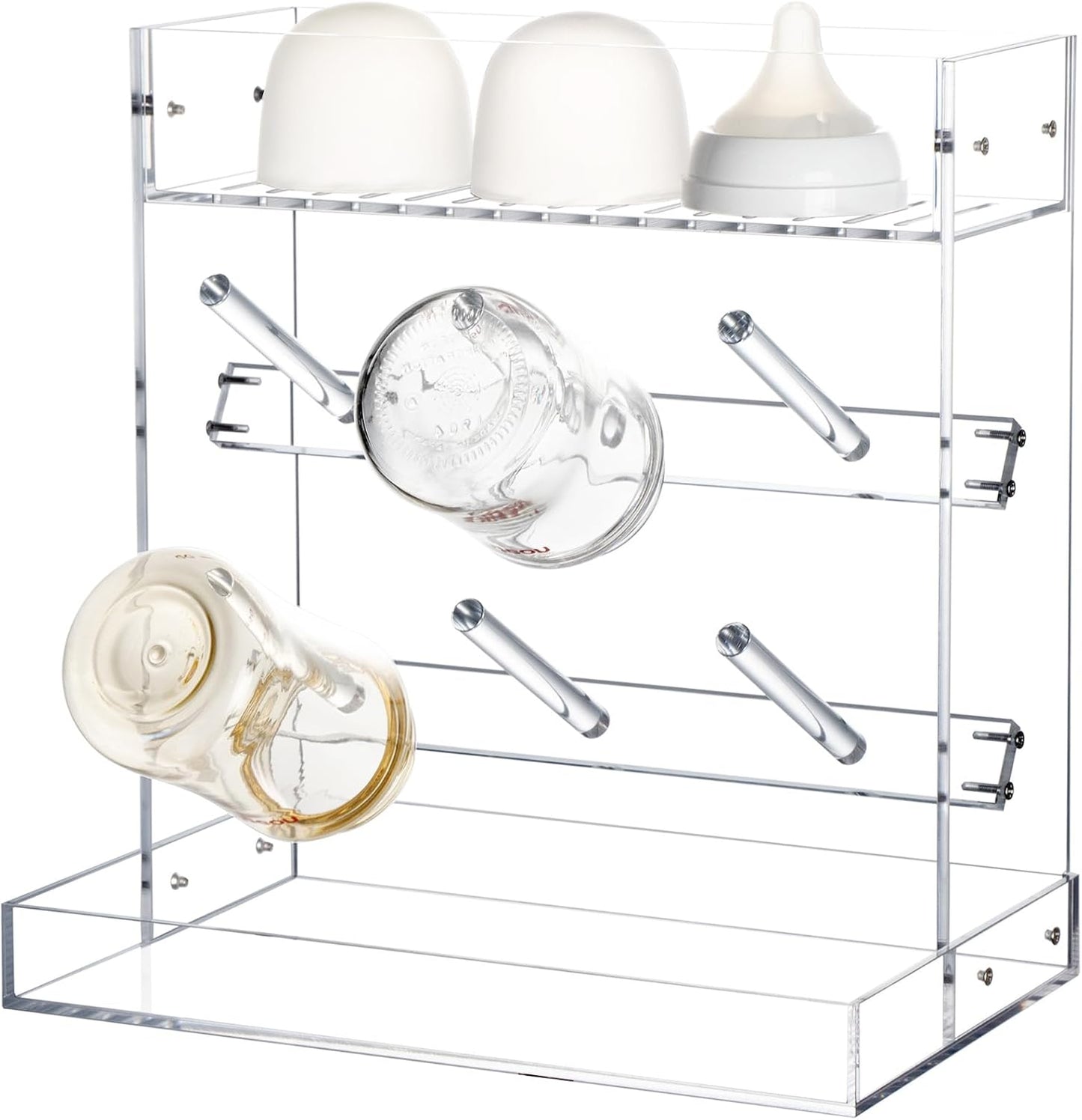 Baby Bottle Drying Rack Space Saving Acrylic Vertical Bottle Dryer Rack with Drip Tray - Clear Kitchen Countertop Storage Organizer–Fast Drying and Easy Cleanup - 10.3 x 6.3 x 10.6 in