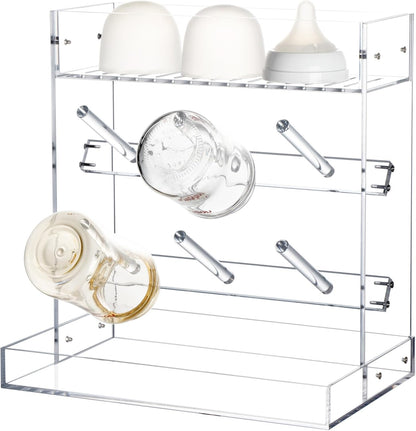 Baby Bottle Drying Rack Space Saving Acrylic Vertical Bottle Dryer Rack with Drip Tray - Clear Kitchen Countertop Storage Organizer–Fast Drying and Easy Cleanup - 10.3 x 6.3 x 10.6 in
