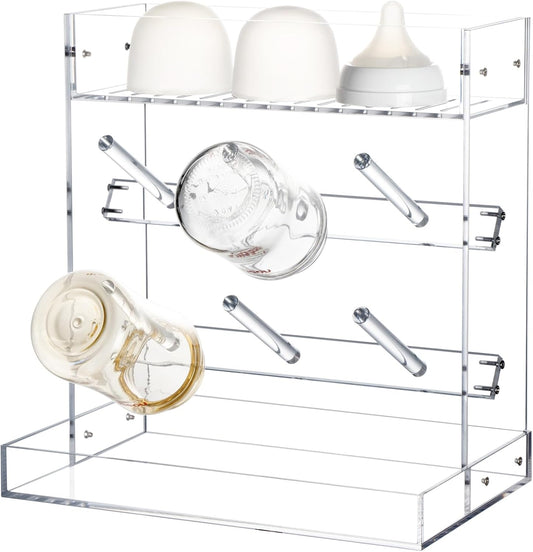 Baby Bottle Drying Rack Space Saving Acrylic Vertical Bottle Dryer Rack with Drip Tray - Clear Kitchen Countertop Storage Organizer–Fast Drying and Easy Cleanup - 10.3 x 6.3 x 10.6 in