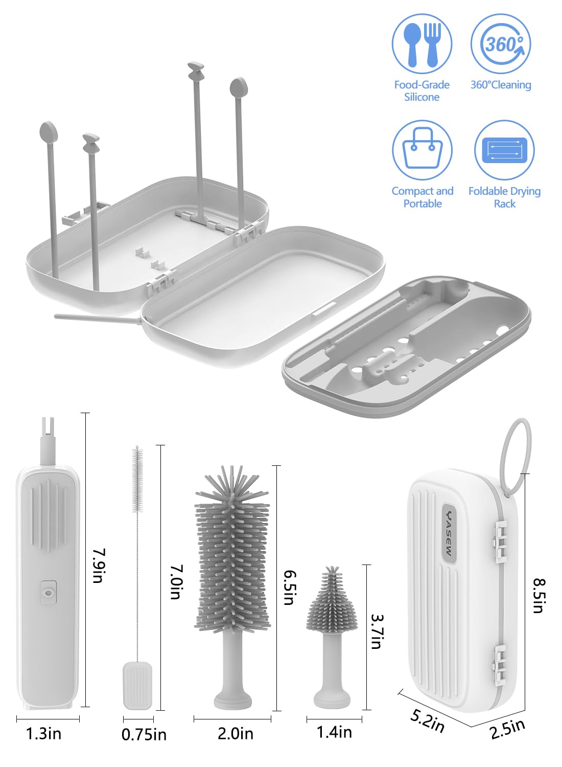 Electric Baby Bottle Brush Cleaner, Baby Travel Bottle Cleaner Kit- 2000mAh Rechargeable Silicone Brush, Drying Rack, Compact Storage Box, 360° Efficient Cleaning Bottle Brush for Home & On-The-Go
