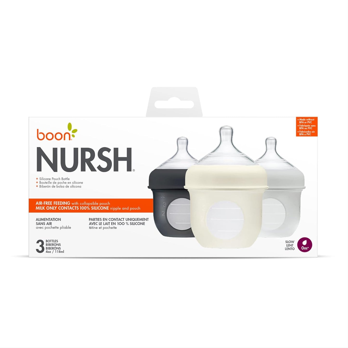 Boon Nursh Reusable Silicone Pouch Baby Bottles - Slow Flow Nipple - Silicone Baby Bottle Pouch and Nipple - Baby Feeding Essentials - Speckle - 0-3 Months - 3 Count - 4 Ounce