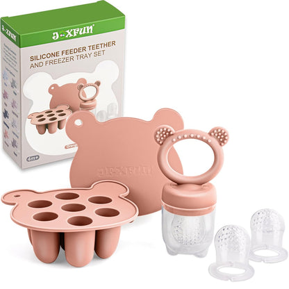 Silicone Baby Fruit Food Feeder & Mini Freezer Nibble Tray, Breastmilk Popsicle Molds for Baby Teething Relief, BPA Free Silicone Teething Toys Feeder for Safe Infant Self Feeding, Extra Food Pouches