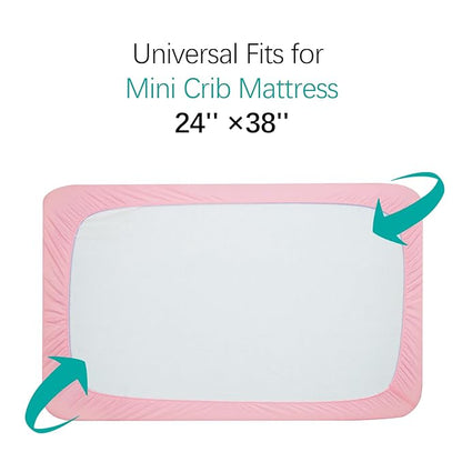 Mini Crib Mattress Protector Sheets Waterproof 2 Pack, Quilted Pack and Play Mattress Pad Cover Fits for Baby Mini Crib/Playen/Pack and Play Mattress, Grey & Pink, 38"x24"