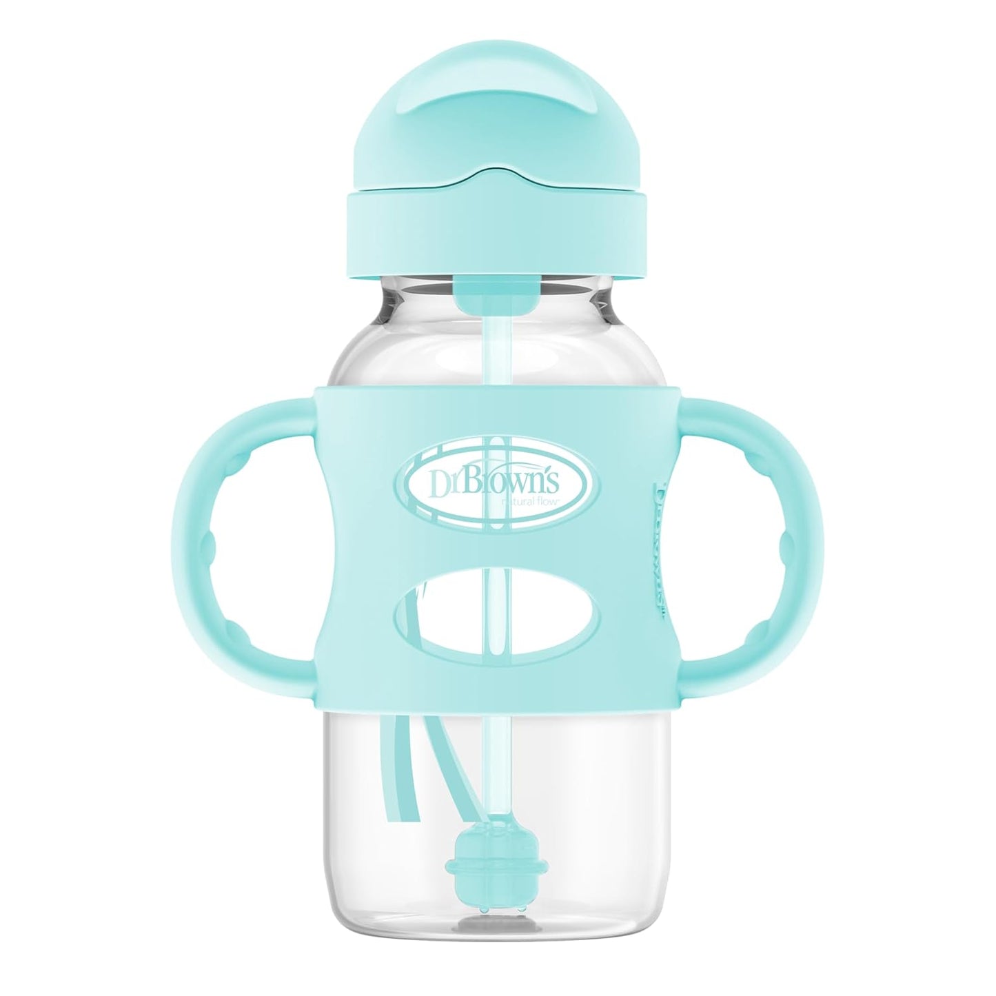 Dr. Brown's Milestones Wide-Neck Sippy Straw Bottle, Spill-Proof with 100% Silicone Handles and Weighted Straw, 9 oz/270 mL, Gray & Pink, 6m+, 2-Pack