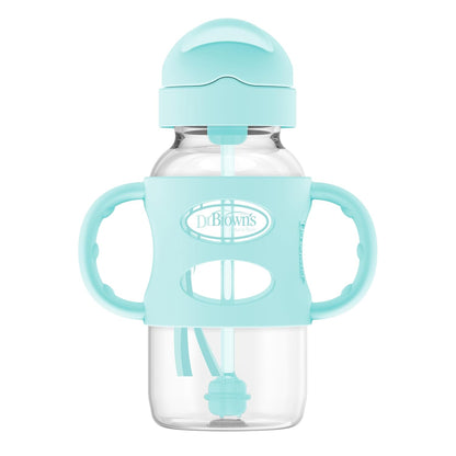 Dr. Brown's Milestones Wide-Neck Sippy Straw Bottle, Spill-Proof with 100% Silicone Handles and Weighted Straw, 9 oz/270 mL, Gray & Pink, 6m+, 2-Pack