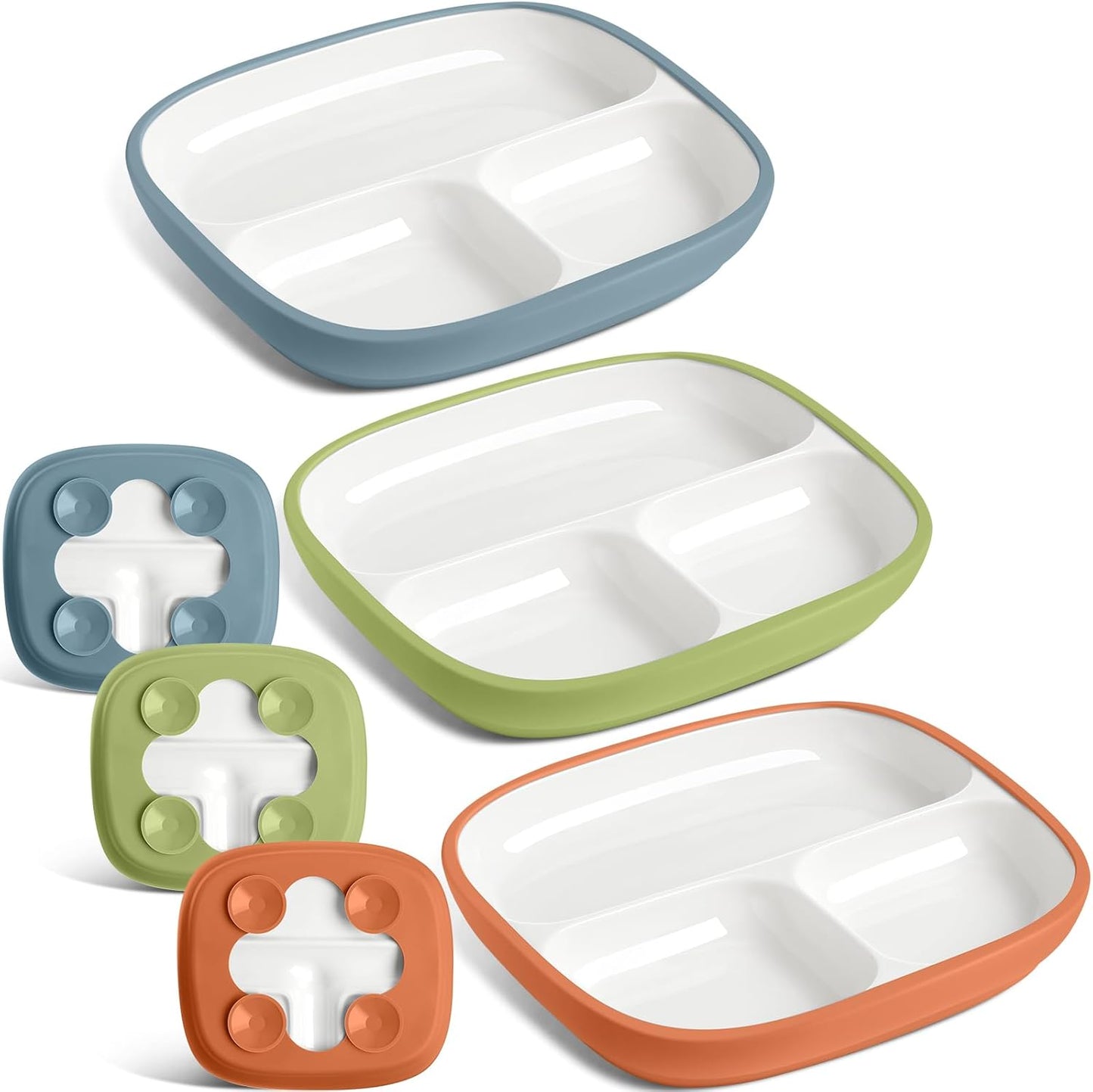 Domensi Kids Porcelain Plates with Silicone Sleeves 8.2 Inch Divided Porcelain Plate Toddler White Suction Dishes for Baby Troubleless Eating Microwave Dishwasher Safe(Stylish,3 Set)