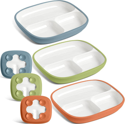 Domensi Kids Porcelain Plates with Silicone Sleeves 8.2 Inch Divided Porcelain Plate Toddler White Suction Dishes for Baby Troubleless Eating Microwave Dishwasher Safe(Stylish,3 Set)