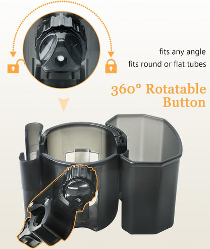 Universal Stroller Cup Holder with Phone Holder, 360° Rotatable Strong Clip, Big Storage Space for Walker, Wheelchair, Stroller, Bike