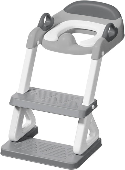 Potty Training Toilet Seat with Step Stool Ladder for Boys and Girls, 2 in 1 Potty Training Toilet, Splash Guard Anti-Slip Pad Step Stool（Gray-White) Pedal Upgrade