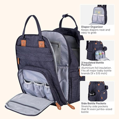 BabbleRoo Extra Large Diaper Bag Backpack, Expandable Baby Bag with Up to 50% More Capacity - Travel Essentials Baby Bag Tote with Changing Pad, Stroller Straps & Pacifier Case - Unisex, Denim Blue