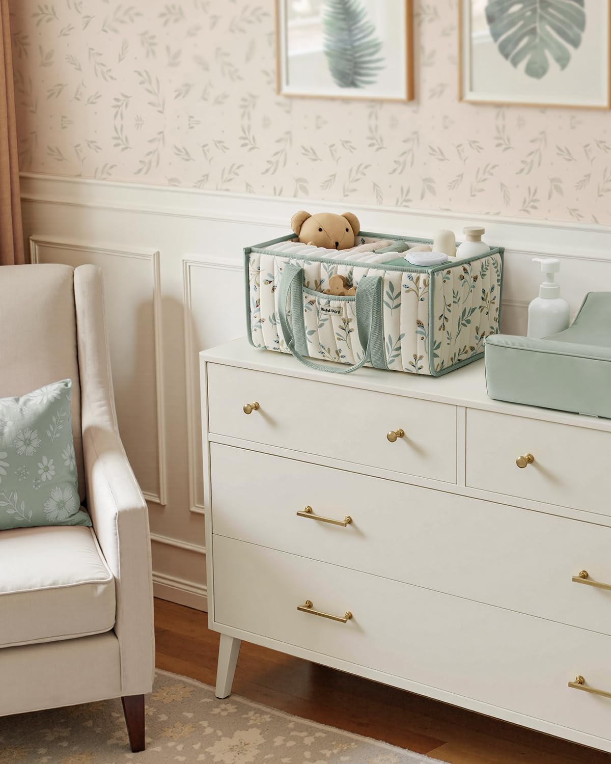 Blissful Diary Floral Diaper Caddy Organizer, Stylish Nursery Storage Basket, Gift for Baby Shower, Newborn Essentials, Floral Beige