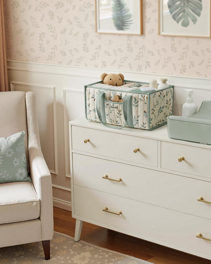 Blissful Diary Floral Diaper Caddy Organizer, Stylish Nursery Storage Basket, Gift for Baby Shower, Newborn Essentials, Floral Beige