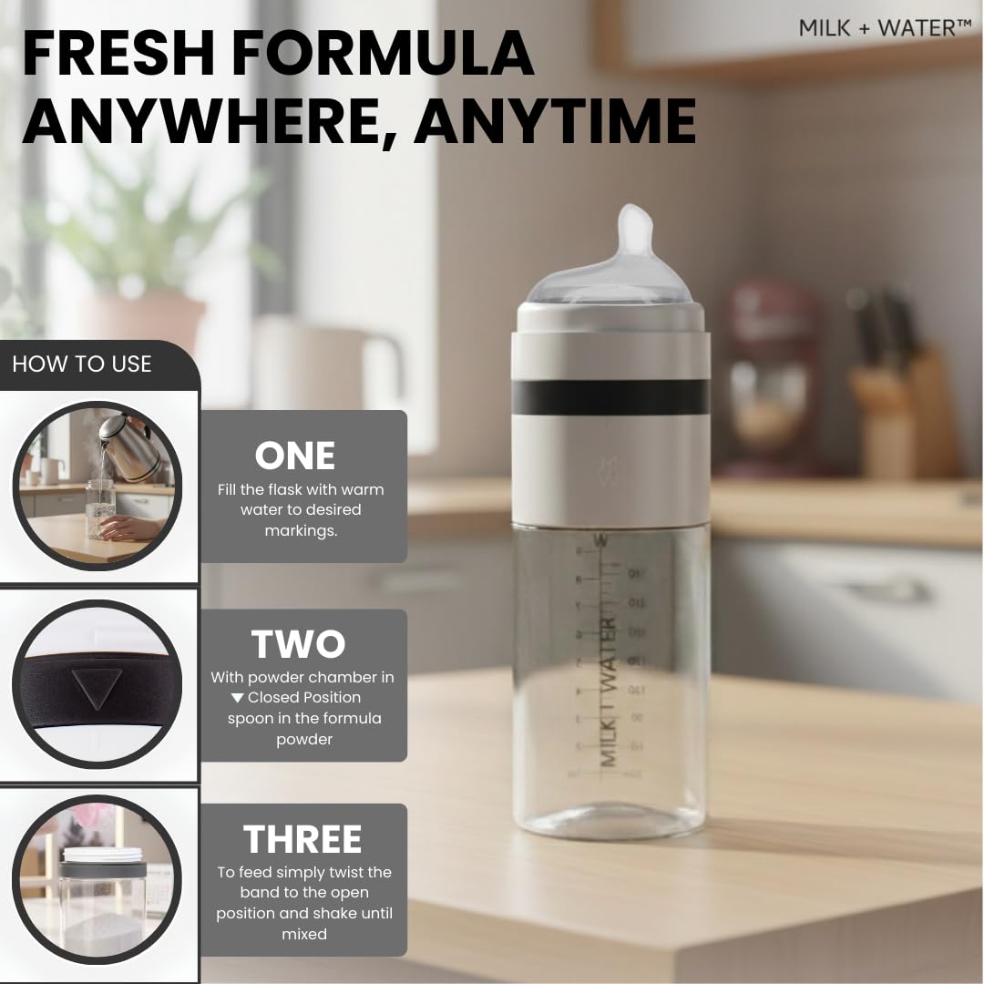 MILK & WATER Glass All in One Baby Bottle & Baby Formula Dispenser On The Go (Olive Green, 9oz Medium Flow 3m+)