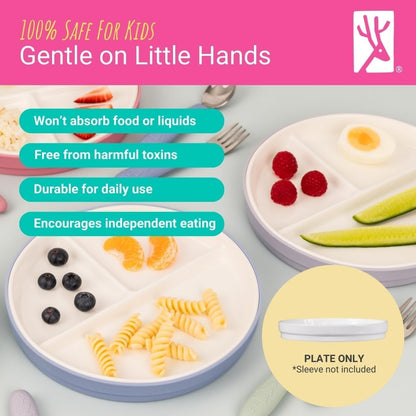 Elk and Friends Kids 7.8” Porcelain Divided Plates with Silicone Sleeves | Suitable for Babies/Kids/Toddlers | Microwave & Dishwasher Safe | Non Slip | Snack Dishes